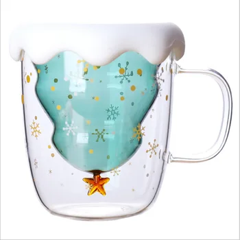 300ML dvisluoksnį Stabdžių Nusiplikymas Stiklo Kalėdų Eglutė Žvaigždėtas Dangus Kavos Puodelis Šilumos Izoliacija Pusryčiai Pieno Taurės Vaikų Dovanų
