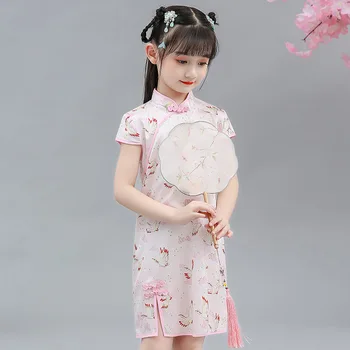 Naujas Baby Girl Qipao Suknelė Kinų Vaikai Cheongsam Rožinė/Žalia Grotelės Suknelės Princesė Suknelė Drabužių