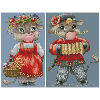 Aukso Kolekcija Gražių Skaičiuojami Kryželiu Rinkinys Rudos Karvės Galvijai Su Gėlių Vainikas Groti Akordeonu Maisto Krepšelio Govryuka