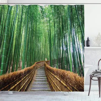Džiunglių Dušo Užuolaidos Atogrąžų Gamtos Tiltas Per Medžio, Bambuko Egzotiškas Kraštovaizdis Spa Jogos Dizaino Audinys Audinys Vonios Kambarys Dekoro Rinkinys