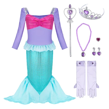 Merginos Mermaid Dress Išgalvotas Cosplay Princesė Aprangą ilgomis Rankovėmis Blizga Suknelė su Karūna Karoliai Pirštinės Lazdelė Helovinas Dress Up
