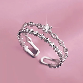 Sidabro Spalvos Žiedas Aukštos Kokybės Mados Tuščiaviduriai Moteris Bižuterijos Atidarymo Reguliuojamas Cirkonis Žiedas Double Crown Žiedas