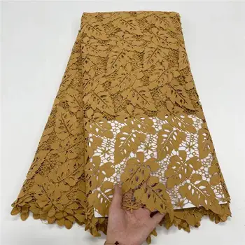 Afrikos nėrinių audinio 2021 aukštos kokybės naujausias geltona guipure audinio 5 metrų gėlių siuvinėjimas moterų siuvimo suknelė A2535
