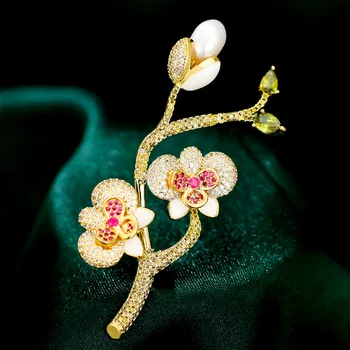Korėjos Elegantiškas Cirkonis Atmosfera Slyvų Žiedai Sagės Moterų Gamtos Perlas Gėlių Sages Mados Kailis Pin Drabužių Accessori