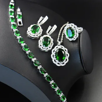 Zlxgirl papuošalai Prabangos prekės Žalia kubinis cirkonis vestuvių karoliai auskarus, žiedą, apyrankę papuošalų rinkiniai moterų vestuvių bijoux rinkinys