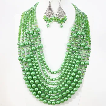 Žalias apvalus korpuso imituojamas-pearl abacus kristalų aukštos klasės 7 eilučių moterų žavesio mados karoliai, auskarai, papuošalai, nustatykite B1307