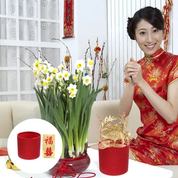 Gėlių Laikiklis Puokštė Kinijos Vestuvių Lauke Kibirą, Apvali Raudona Puodą Vaza Metus Naujų Gėlių Apdaila, Dekoratyvinė Apdaila Rankenos