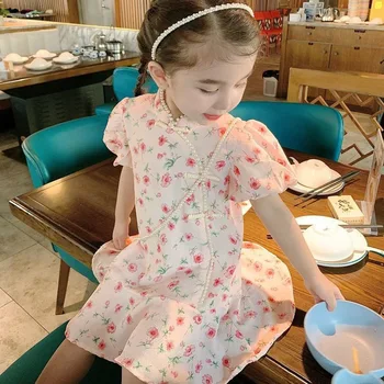Mergaičių Cheongsam Vasaros Kinų Stiliaus Vaikų Suknelė 2022 Naujų Granulių Spausdinti Senovės Suknelė Lovely Baby Princess Šifono Gėlių