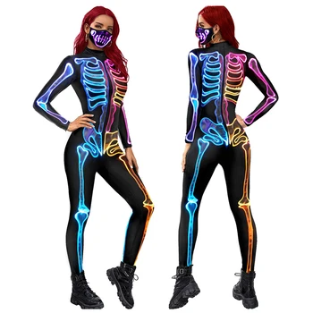 MCLAOSI Naujų Spalvų Skeletas Spausdinimo Cosplay Bodysuit Halloween Kostiumai Moterims ilgomis Rankovėmis Jumpsuit