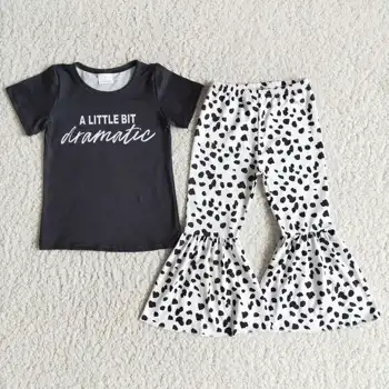 Juodos raidės tee mergaitės, apranga, juoda ir balta, leopardas spausdinimui bell bottom mados vaikų drabužių boutique 2-piece set