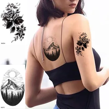 OMMGO Kūrybos Gėlių Dizainas Laikinas Tatuiruotės Moterys Lipdukas Black Rose Body Art Tatuiruotė Netikrą Seksualus Tatoos Kalnų Miškų