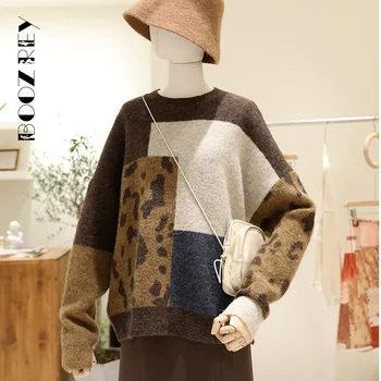 BoozRey 2021 Moterų Derliaus Leopard Megztiniai Megztinis Ruda Kratinys Megztiniai (Džemperiai Prarasti Styler Korėjos Ilgomis Rankovėmis Slim Komplektai