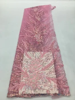 (5yards/vnt) Aukštos kokybės zawalcowany prancūzijos ju nėrinių rožinė Afrikos tiulio, nėrinių audinys, karoliukai, blizgučiai siuvinėjimo suknelė FSS453