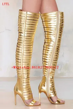 Chaussure Femme Metallic Auksinės Basutės Atviros Kojų Gladiatorių Iškirpti Įkrovos Sandalas Aukštos Obcasie Aukštakulniais Batais Vasaros Botas Mujer