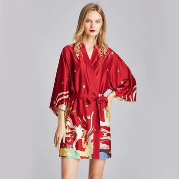 Moterys Vasarą Ledo Šilko Šilko Chalatai Rytą Rūbeliai Didelio dydžio Spausdinti Laisvi Namų Drabužių Satino Pižama Prabangūs naktiniai marškiniai, pižamos Moterims