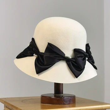 Aukštos kokybės Japonų vilnos pearl lankas Žvejys skrybėlę Subtilus, elegantiškas temperamentas Hepburn stiliaus vilnos skrybėlę mados fetrinė skrybėlė