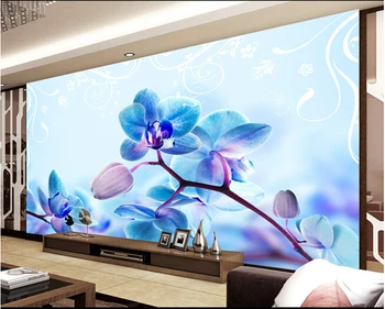 Custom papel DE parede gėlių, mėlynas drugelis orchidėjų žiedų freskomis sėdint kambario miegamajame TV vinilo sienos papel DE parede