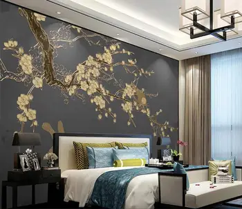 Custom Freskomis Gražus rankų dažytos naujas kinų stiliaus gėlių ir paukščių aukso paramos TELEVIZIJA miegamojo Fone, Dekoras, Tapetai, 3D