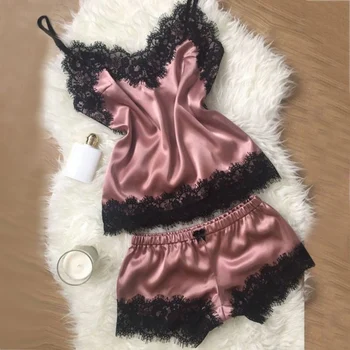 Sprogstamųjų moterų naktiniai drabužiai Modeliavimas šilko stebėjimo cami šortai pižama tiktų Didelio dydžio kietosios lingerie Sexy nėrinių Sleepwear