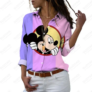 Ilgomis Rankovėmis Palaidinė Temperamentas Ilgomis Rankovėmis Marškinėliai Mickey Mouse Moterų Spausdinti Temperamentas Atsitiktinis Viršūnes Atsitiktinis Apykaklę Mygtuką
