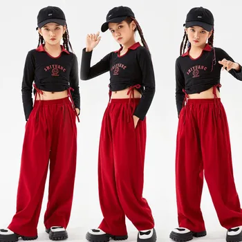 Vaikai Kpop Paauglių Apranga, Hip-Hop Drabužių Pasėlių Bakas Palaidinukė Raudona Baggy Pants Streetwear Girl Berniukas Džiazo Šokio Kostiumų Drabužiai