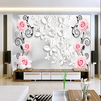Didelių 3D tapetai freskomis, TV foną, svetainė, miegamasis, sofa-santuokos kambarys drugelis rausvos rožės Pasirinktinis Dydis