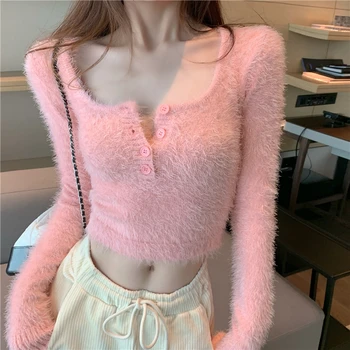 Moheros megzti Marškinėliai Y2K rausvos spalvos, saldus pasėlių Viršuje švelnus bodycon karšto merginos megztinis mažos apvalios apykaklės sexy tipo megztinis