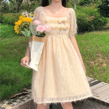 Moterų Vasaros Japoniško Stiliaus Saldus off-Pečių Aikštėje Apykaklės trumpomis Rankovėmis Aukštos Juosmens Lieknėjimo Kutas Sujungimas Lolita Dress