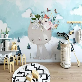 Custom didelių 3d foto tapetai Šiaurės šalių šiuolaikinės animacijos kačiukas gėlių vaikų kambario foną sienų apdaila sienų medžiaga