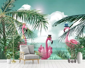 Beibehang Pasirinktinius nuotraukų 3d tapetai Šiaurės stiliaus ranka-dažytos kokoso augalų flamingo vaikų miegamojo sienos 3d tapetai tapeta