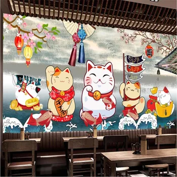 Japonų Stiliaus Lucky Katė 3D tapetų Japonų Virtuvė Izakaya Suši Restoranas Pramonės Dekoro Foną Tapetai, Freskos 3D