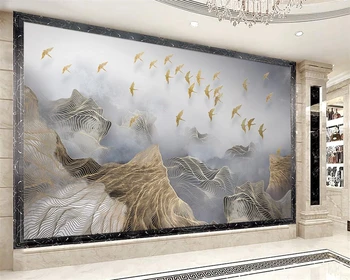 Beibehang Užsakymą tapetai, freskos Kinijos abstraktus peizažas meno kraštovaizdžio aukso linijų, paukščių, TV foną, 3d tapetai