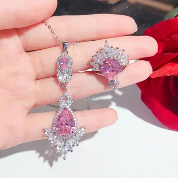 925 Sidabro Naujų Lengvųjų Prabangus Dizainas Argyle Pink Diamond Jewelry Nustatyti Spalvą Lobis Cirkonis Pakabukas Karoliai Atidarymo Žiedas Moterims