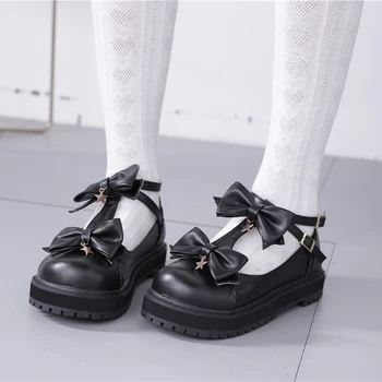 Japonijos saldus Lolita nuimamas lankas patogus apvalios galvos mielas studentų dienos bowknot odiniai batai apvali galva, storos apačioje