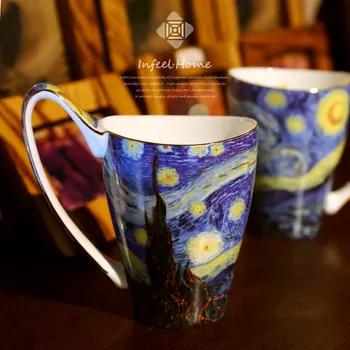 Van Gogh Žvaigždėtą Naktį Retro Kaulų Kinija Teacup Aukso Puodelis Paauksuotas Puodelis Kavos Puodelis Pieno Taurės gilding Puodelis Keramikos Puodelis
