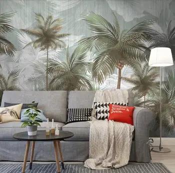 Individualizuotos fono paveikslėlį 3d Žalia derliaus atogrąžų lapai rankomis dažyti augalų fone sienos 3D sienų tapetai