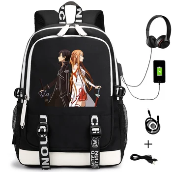 Anime Kardas Meno Internete SAN Drobės Kuprinė USB Įkrovimo ant Nugaros Studentų Užtrauktukas Animacinių filmų Kuprinę Paauglys Kelionės Nešiojamojo kompiuterio Krepšys
