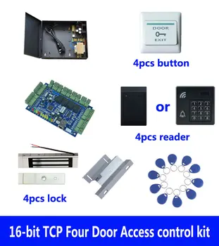 prieigos kontrolės rinkinys,TCP keturių durų įeigos kontrolė+powercase+180kg magnetinis užraktas+ZL-laikiklis+ID reader+mygtukas+10 ID tegus,sn:komplektas-B405