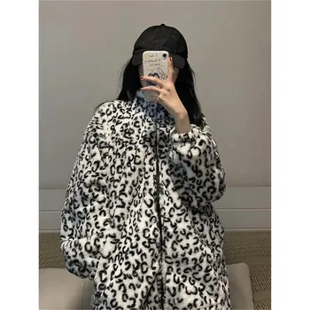 Laisvas Leopardas Spausdinti Korėjos Harajuku Derliaus Paltai Moterims Tirštėti Šiltas Streetwear High Street Striukė Žiemos Estetinės Parkas Moteris