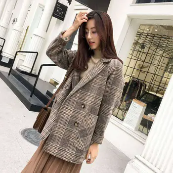 Vilnoniai paltai moterims rudens ir žiemos populiarus naujų korėjos stiliaus prarasti trumpas vilnonis mažas pledas kostiumas striukė